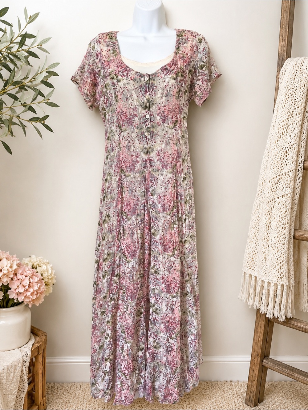 Nostalgia Floral Lace Vintage Midi 90s Pink Floral Romantic Cottagecore Dress S